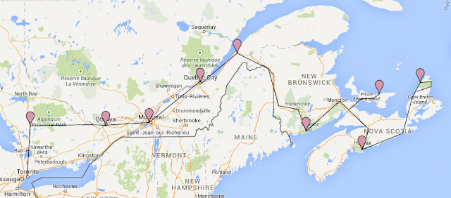 Mapa com roteiro de viagem entre Montreal, Toronto, Quebec e Ottawa