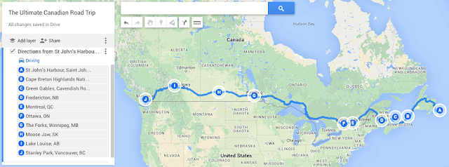 Mapa da viagem de Montreal até Vancouver